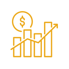 A yellow icon of a bar chart, dollar sign and upward tilting arrow.