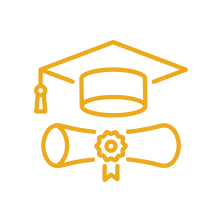 A yellow icon of a mortar board and diploma